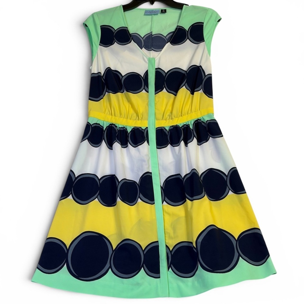 Cynthia Rowley Fit & Flare Dress Size 6 Green Yellow Navy Geometric Circle